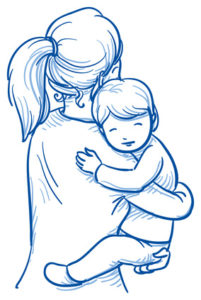 Cute little boy being carried by his mother. Hand drawn cartoon doodle vector illustration.